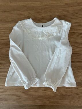 Cyrillus White Girls Long-Sleeve Top with Embroidered Collar